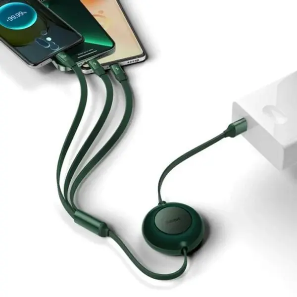 Кабель Baseus Bright Mirror 2 Series Retractable 3-in-1 Fast Charging Data Cable USB to Lightning+Type-C+MicroUSB 66W 1.1m Green, изображение 3