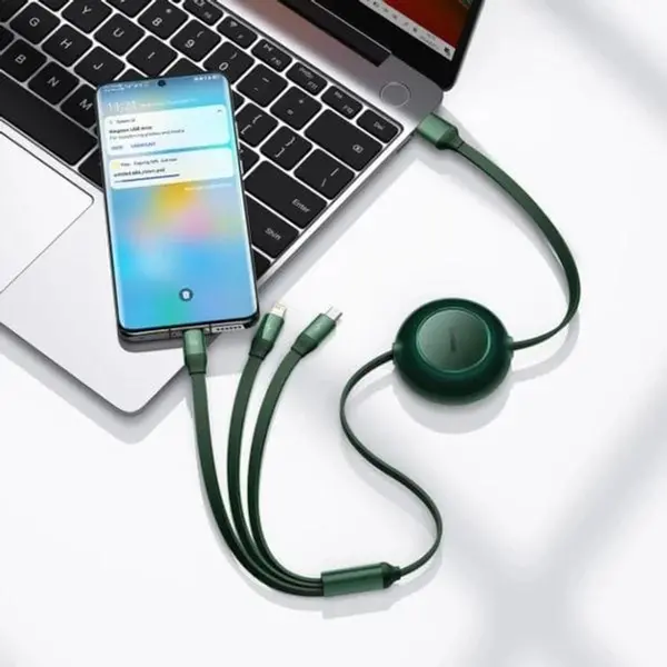 Кабель Baseus Bright Mirror 2 Series Retractable 3-in-1 Fast Charging Data Cable USB to Lightning+Type-C+MicroUSB 66W 1.1m Green, изображение 4