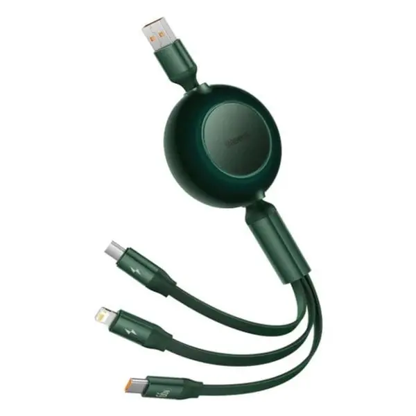 Кабель Baseus Bright Mirror 2 Series Retractable 3-in-1 Fast Charging Data Cable USB to Lightning+Type-C+MicroUSB 66W 1.1m Green, изображение 2