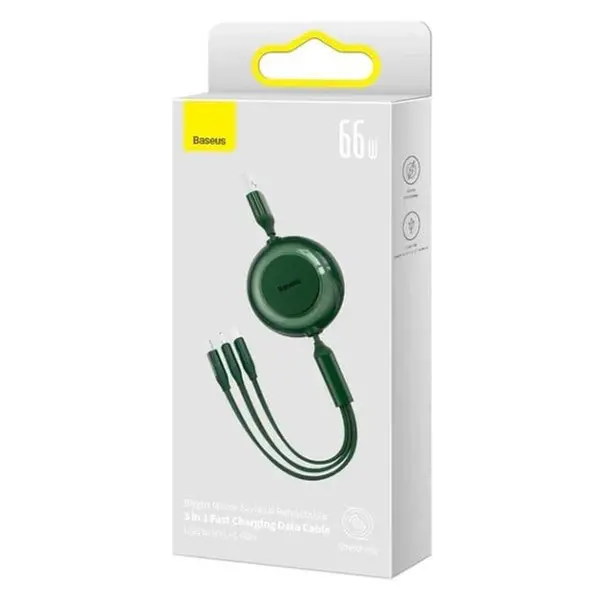 Кабель Baseus Bright Mirror 2 Series Retractable 3-in-1 Fast Charging Data Cable USB to Lightning+Type-C+MicroUSB 66W 1.1m Green, изображение 13