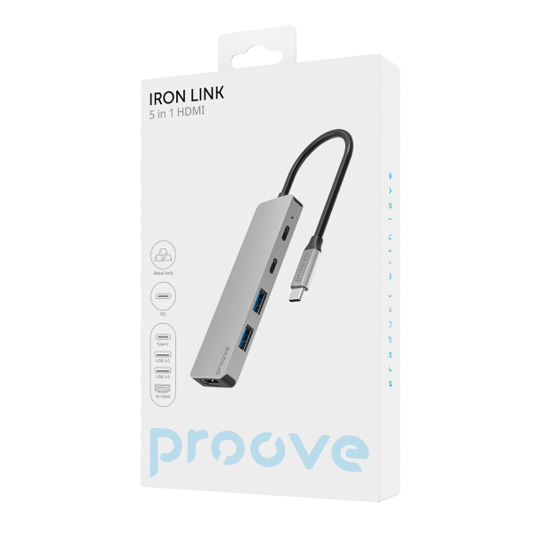Type-C-Хаб Proove Iron Link 5 in 1 (2*Type-C + 2*USB3.0 + HDMI) (silver) (HBIL00222024), зображення 3