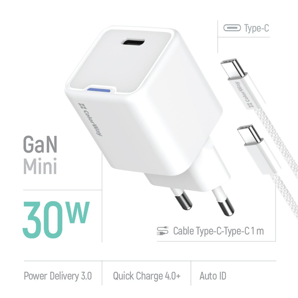 Мережевий зарядний пристрій Colorway GaN Mini 30W PD Port PPS USB (Type-C PD + USB QC4.0) білий, зображення 6