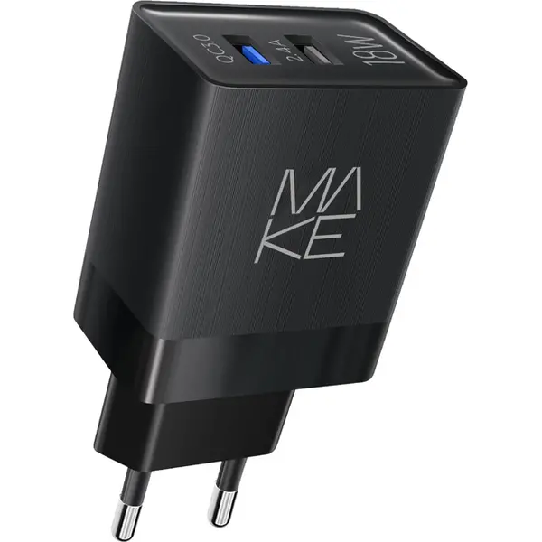 Мережевий зарядний пристрій MAKE 18W QC3.0+2.4A Black