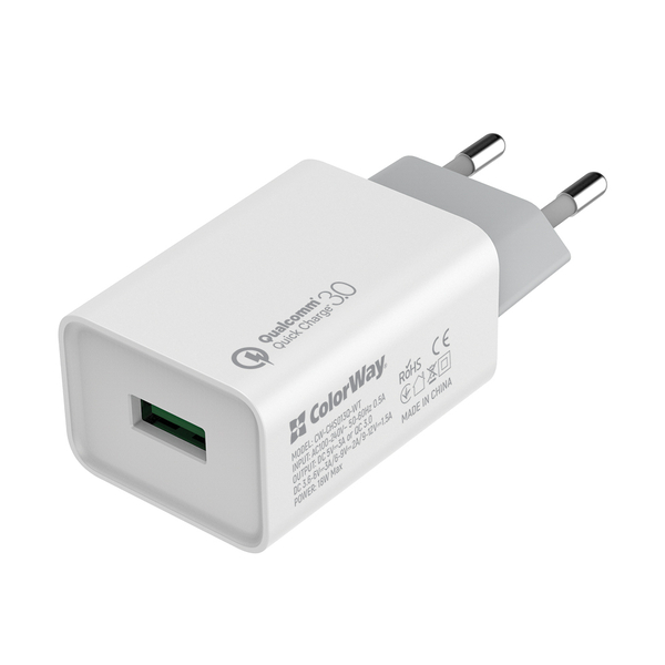 Мережевий зарядний пристрій Colorway 1USB Quick Charge 3.0 (18W) White, зображення 2