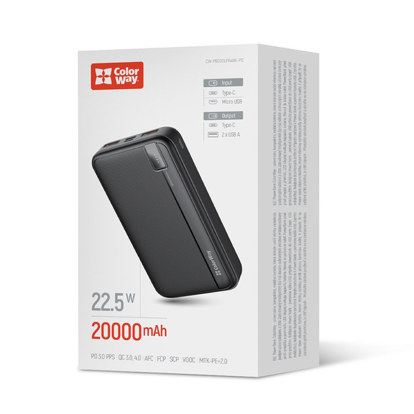 Універсальна мобільна батарея ColorWay Power Bank 20 000 mAh Portable Charger (USB QC3.0 + USB-C PD22.5W) Black