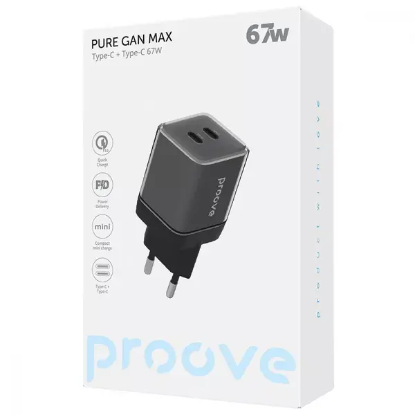 Сетевое зарядное устройство Proove Pure GaN Max 67W (Type-C + Type-C) Black (WCPU67022201)