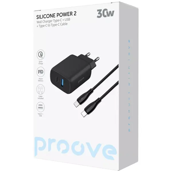 Мережевий зарядний пристрій Proove Silicone Power 2 30W (Type-C + USB) + Cable Type-C до Type-C (1m) white (WCSP23011002)