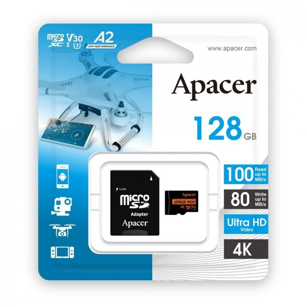 Карта пам'яті Apacer microSDXC UHS-I U3 128GB V30 A2 +SD, зображення 4