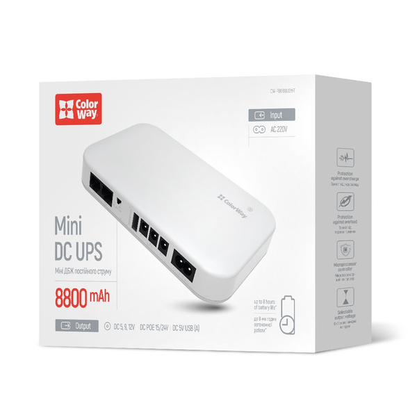 Джерело безперебійного живлення Colorway UPS for router 8800mAh 21W DC 5V/9V/12V/24V V2 (CW-PB088LI3WT), Цвет: Білий, Батарея, мAч: 8800
