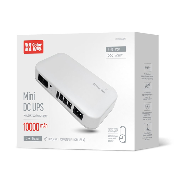 Джерело безперебійного живлення Colorway UPS for router 10000mAh 21W DC 5V/9V/12V/24V (CW-PB100LI3WT), Цвет: Білий, Батарея, мAч: 10000