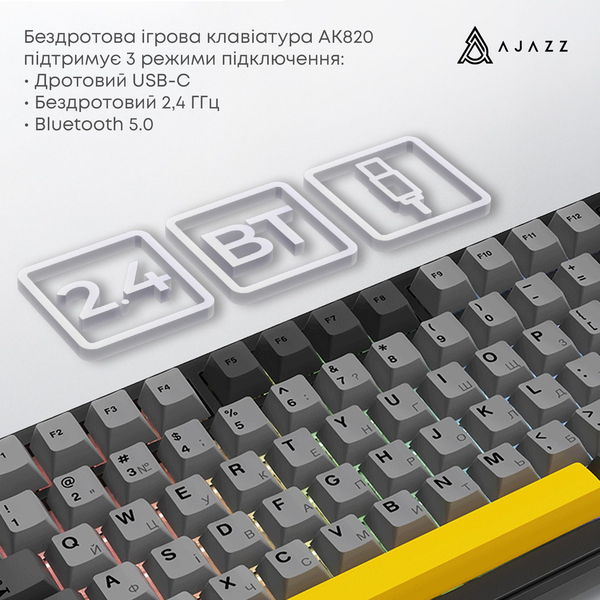 Клавіатура механічна бездротова Ajazz AK820 MAX PLUS Daydream Switch RGB Wireless/BT/USB Black, зображення 5