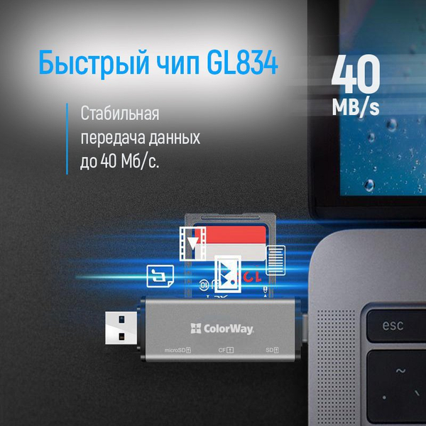 Кардридер Colorway USB 2.0/USB-C to CF/SD/MicroSD (CW-CR-01), изображение 5