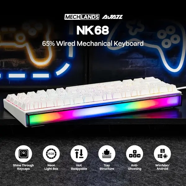 Дротова механічна клавіатура Ajazz NK68 Red switches Side contour White (NK68-R-S-W), зображення 2