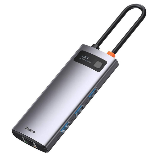 USB-Хаб Baseus Metal Gleam Series 6-in-1 (3xUSB3.0 + 4KHD + RJ45 + Type-C) Gray